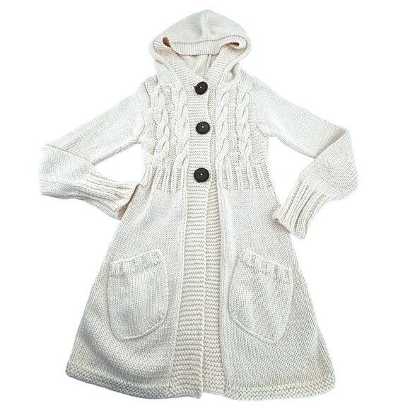 Rico Off White Fisherman‎ Cable Knit Wool Long Hooded Cardigan Women's Size XS - Picture 1 of 15